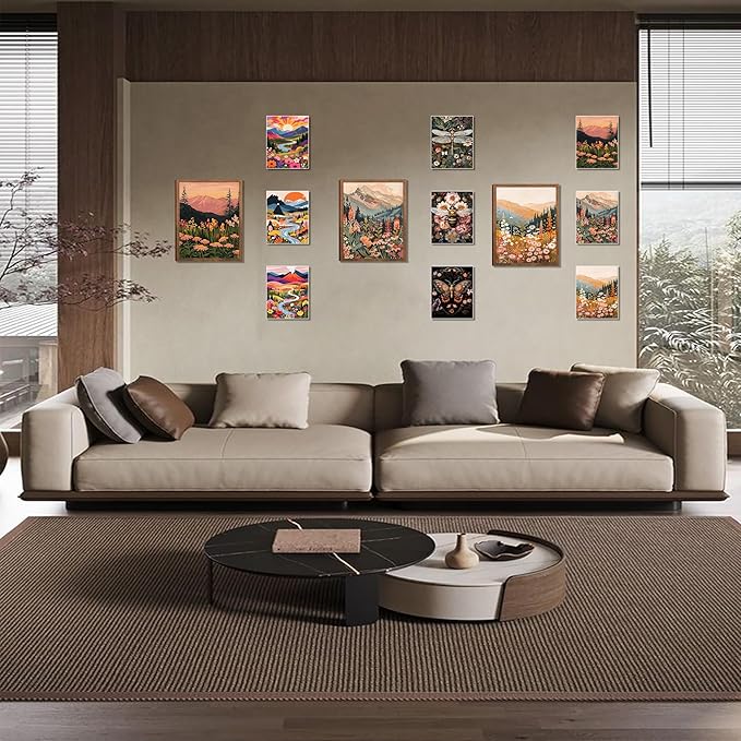 Colorful Nature Floral Wall Art Set of 3 24x16in Wood Framed, with 9 Bonus 8x10in Poster Art Prints, Boho Retro Wildflower Landscape Artwork Wall Decor for Living Room Bedroom Home Decor