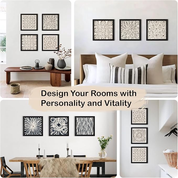 FOLKOR Framed Wall Art for Modern Home Office Apartment, 12" 3D Geometric Black and White Artwork, Natural Paper Abstract Starburst Shadow Box Wall Accent for Living Room Bedroom Classroom