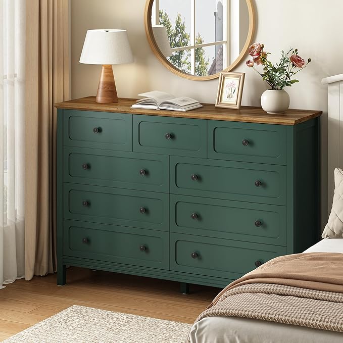 CARPETNAL Green Dresser for Bedroom, 55" Wide 9 Drawer Dresser with Metal Handles and Deep Drawers, Modern Large Wood Chest of Drawers for Living Room, Hallway.