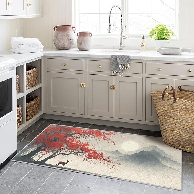 Asian Deer Runner Rug 3x9, Japanese Ink Design, Chinese Area Rug, Washable Carpet Runner for Bedroom, Standard Hallways, Kitchen Walkway, Dining Room Sideboard