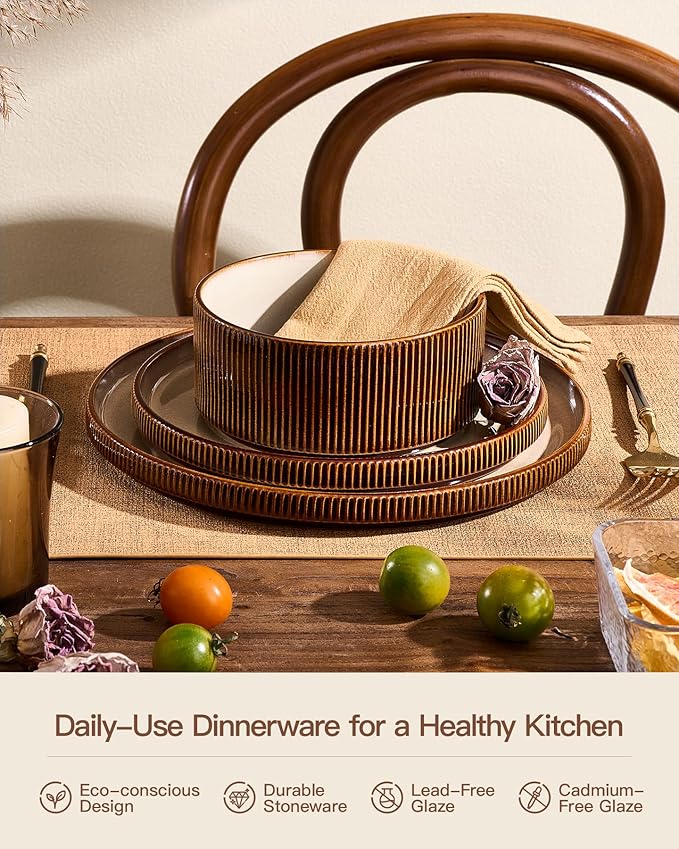 24-Piece Dinnerware Set Service for 8, Famiware Premium Stoneware Dish Set with Ribbed Plates and Deep Bowls, Double Reactive Glaze, Chip & Scratch Resistant, Microwave & Dishwasher Safe, Cream Cocoa