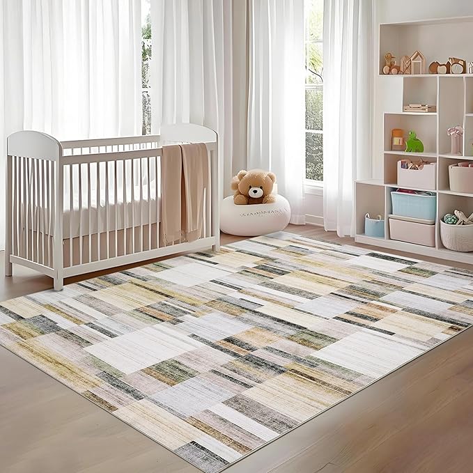 Washable Area Rugs 9 x 12 Rug for Living Room Geometric Modern Rug Non Slip Throw Rugs Large Bedroom Rugs Low Pile Stain Resistant Carpet for Dining Room Nursery 9'x12' Khaki&Grey