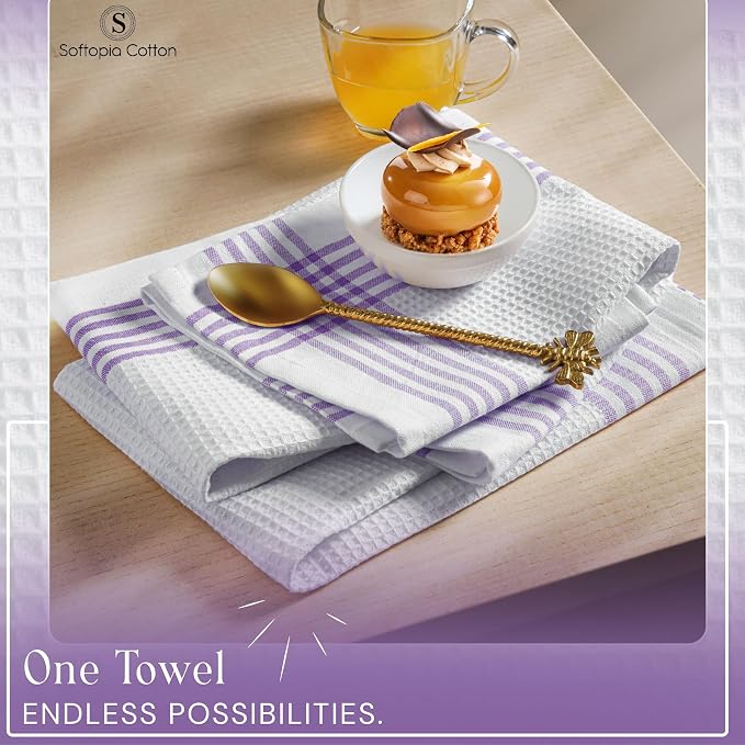 Waffle White & Lavender Kitchen Dish Towels 12 Pack, 100% Cotton, 16"x26", Thick Hand Towel for Drying Dishes, Quick Dry Washcloths, Perfect for Bar, Cooking, Serving, Cleaning