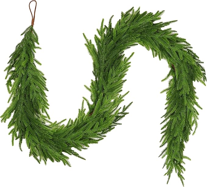 9 Ft Christmas Norfolk Pine Garland Real Touch Artificial Faux Greenery Christmas Garland Decorations for Home Fireplace Mantle Table Stairs Door Indoor Outdoor Holiday Decor