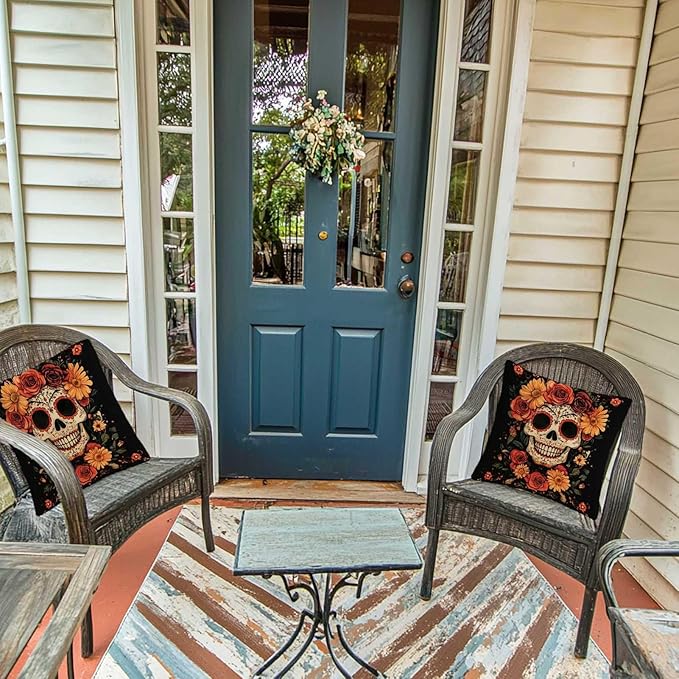 Sugar Skull Throw Pillow Covers 18x18 Set of 2, Mexican Day of The Dead Pillowcase for Sofa and Couch, Chirstmas Decorative Square Cushion Cases for Living and Bed Room