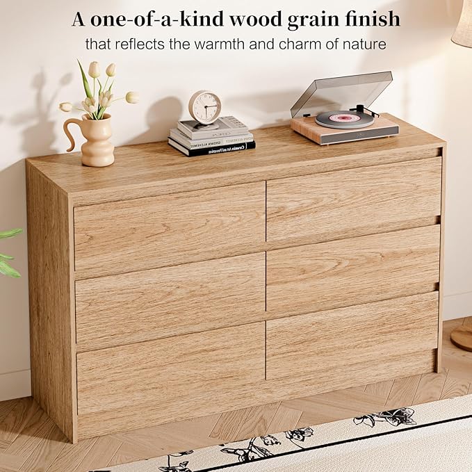 6 Drawer Dresser,47" Wide Mid Century Chest of Drawers,Wooden Bedroom Drawer Dresser with 6 Storage Drawers for Bedroom,Living Room,with Anti-Tipping Device,Natural