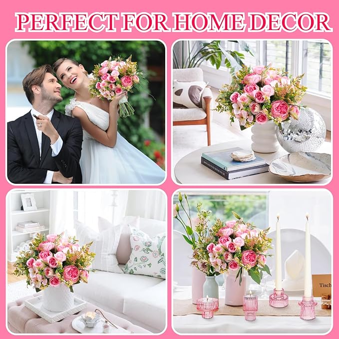 ASTRYAS 4 Packs Artificial Fake Flowers, Pink Flowers Artificial Peony Silk Fake Peonies Bouquet Table Centerpiece for Spring Summer Wedding Shower Party Home Decoration(Pink)