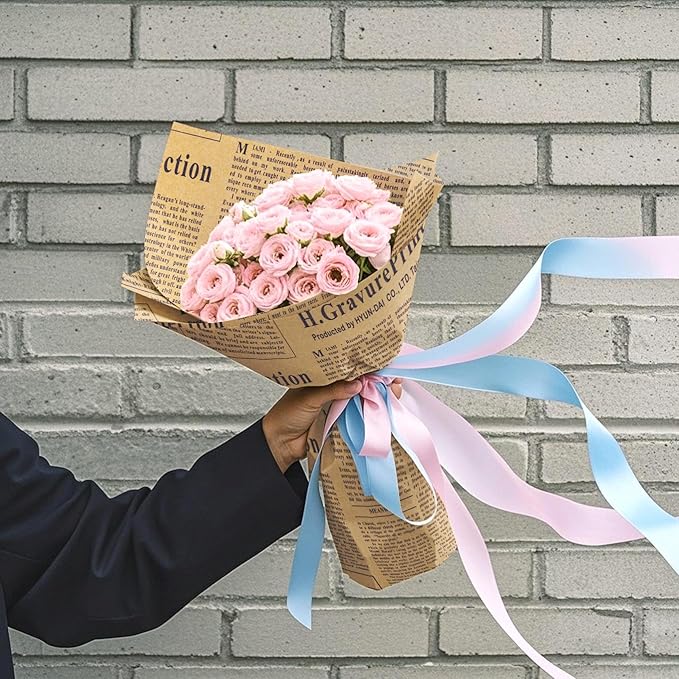 WRAPAHOLIC 20 Sheets Kraft Flower Wrapping Paper - 19.6 x 27.5 inch Retro Blue Lettering Floral Bouquet Wrapping, Florist Supplies Packaging Paper for Wedding Birthday Gift DIY