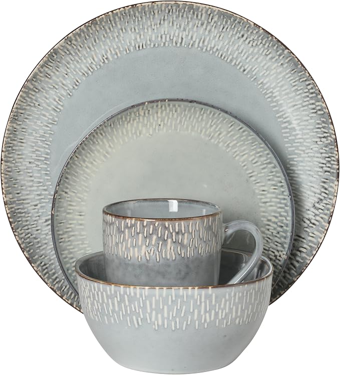 Gibson Elite Jasper 16 Piece Plates and Bowls Reactive Glaze Dishes Stoneware Ceramic Dinnerware Set - Service for 4 - Grey
