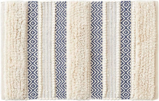 Ink+Ivy Bath Rug Hand-Woven Texture Shaggy Striped Soft & Water Absorbent, Boho Bathroom Décor Bath-Mats, Non-Slip Absorbent Quick Dry Mats for Tub, Shower Room, Asher, 20x32, Navy 1 Piece