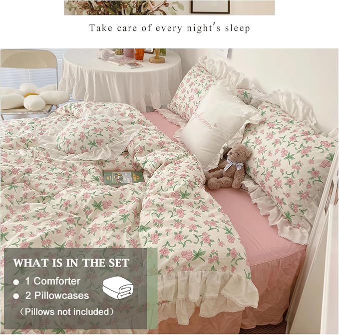 VM VOUGEMARKET Pink Floral Comforter Set Queen Romantic Ruffle Comforter with 2 Pillow Shams Vintage Cozy Princess Bed Comforter Set for Girls Women(3pcs,Queen)