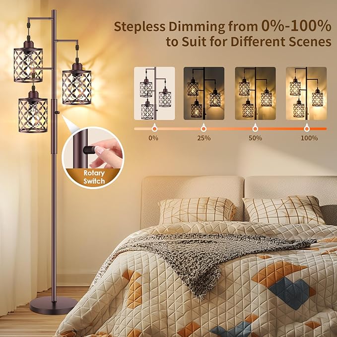 Dimmable Floor Lamp, Farmhouse Standing Lamp with Elegant Metal Cage, Industrial Tall Tree Floor Lamps for Living Room, Bedroom, Study Room, Office, 3 x 800LM LED Bulbs Included, 72", Brown