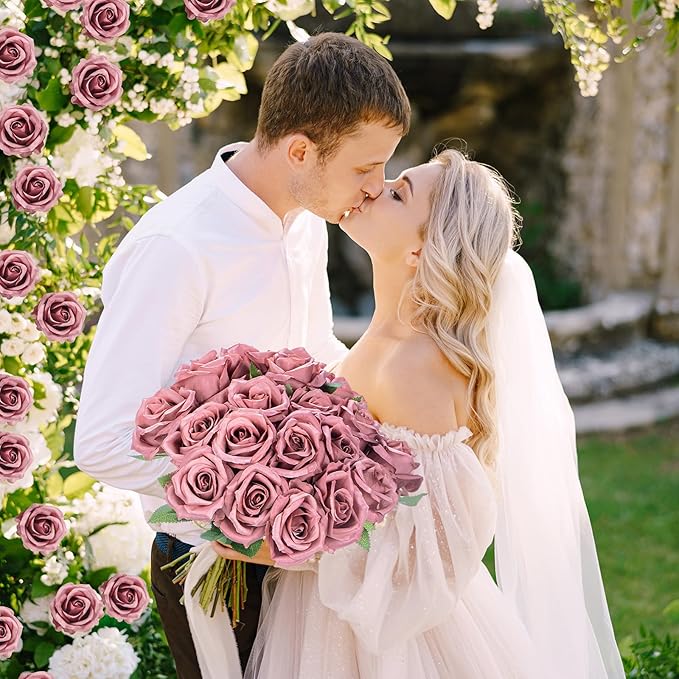 30 Pcs Rose Artificial Flowers in Bulk Real Touch Long Stem Silk Roses Bouquets Realistic Faux Flowers for Wedding Bridal Shower Home Decor Floral Arrangements Table Centerpiece(Dusty)