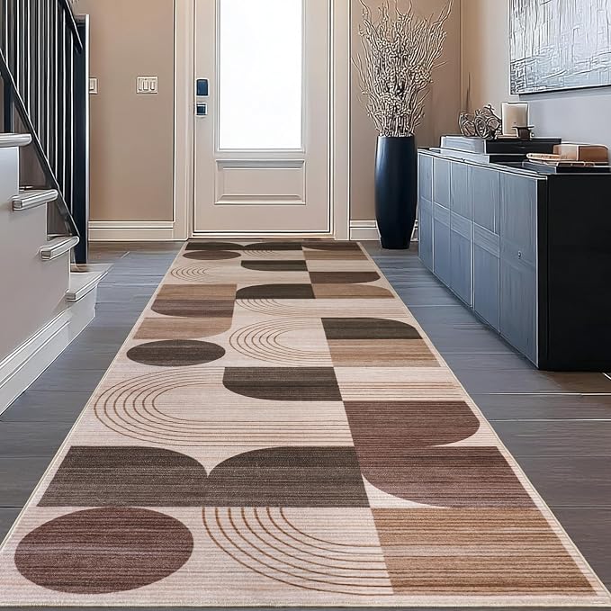 Machine Washable 2x6 Runner Rug, Soft Modern Geometric Abstract Brown Rugs for Bedroom Living Room, Non-Shedding Faux Wool Indoor Throw Floor Carpet for Office Entryway Dining Room Decor