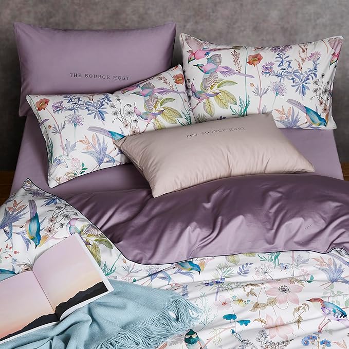 mixinni King Size Duvet Cover Purple Flowers Bird Bedding Sets Shabby Chic Boho Long-Staple Cotton Duvet Cover Set with Zipper Ties 1 Duvet Cover+2 Pillowcases, Ultra Soft, Breathable-King Size