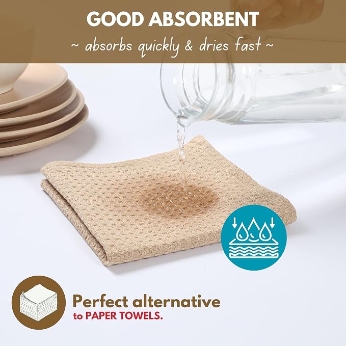 Native Fab 6 Pack Waffle Dish Cloths - 100% Cotton, Absorbent, Quick Drying & Soft Towels for Cleaning, Cooking & Drying Dishes - Perfect for Home, Restaurants & Bars, 12x12 inches - Beige