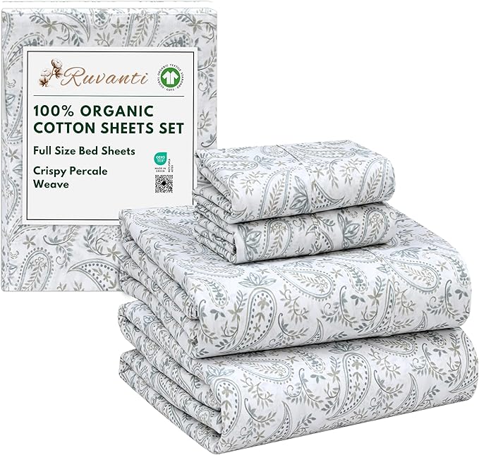 RUVANTI 100% Organic Cotton Sheets Full Size, Percale Weave, GOTS Certified, 4-Piece Set, Deep Pocket 15", Crisp & Breathable, Soft Durable Bedding, Sábanas Algodón Orgánico – Ornate Oasis