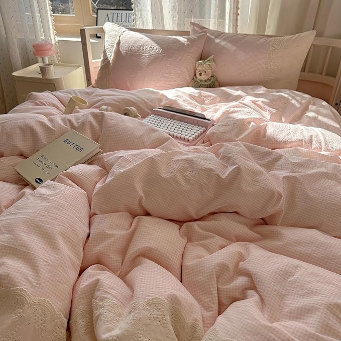 LifeTB Pink Gingham Comforter Set Twin XL Fluffy Soft Princess Style Girls Lace Bedding Set Vintage Plaid Checkered Comforter with 2 Pillowcases Farmhouse Gingham Bedding Grid Bed Comforter Set
