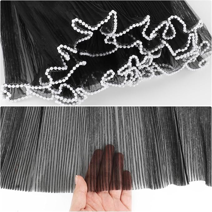 KIMOBER 4.3 Yards Black Flower Wrapping Mesh Paper,Pearl Edge Wrinkled Wavy Net Yarn Flower Wrapping Mesh Paper for Valentine's Day Mother's Day Wedding Florist Supplies(Black)