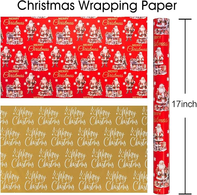 MAYPLUSS Christmas Wrapping Paper Roll - 17IN X 33FT - Red Gift Wrapping Paper Featuring Santa Claus Fireplace Against Red Reversible Merry Christmas for Kids, Holiday, New Year