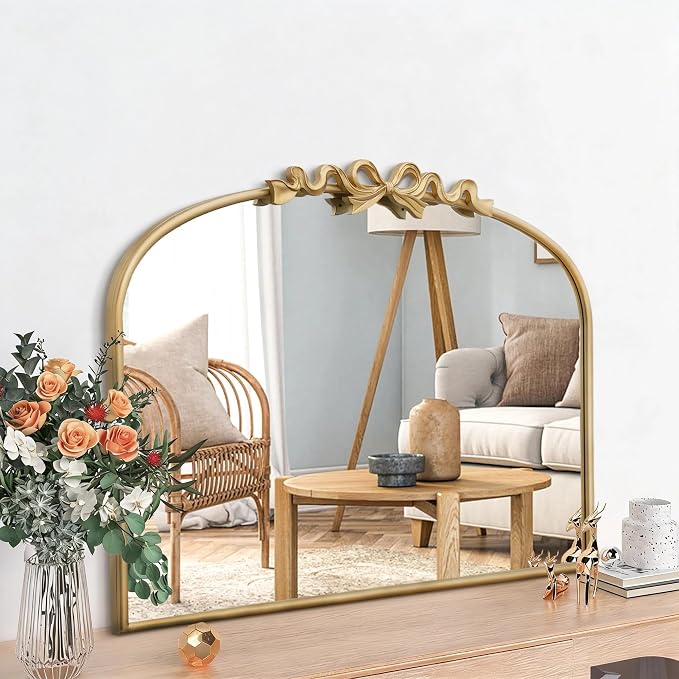 Besdomus Antique Arched Gold Mirror: 32"x24" Large Arch Bow Antique Wall Mounted Mirror - Baroque Traditional Ornate for Living Room/Entryway/Bathroom- Ideal for Home Renovations