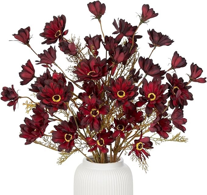20" Artificial Burgundy Daisy Flowers for Fall Flower Arrangement, 3 Bundles Faux Chrysanthemum Flowers Branches for Gothic Halloween & Autumn Home Decor, Dark Fake Wildflowers Mums Black Red