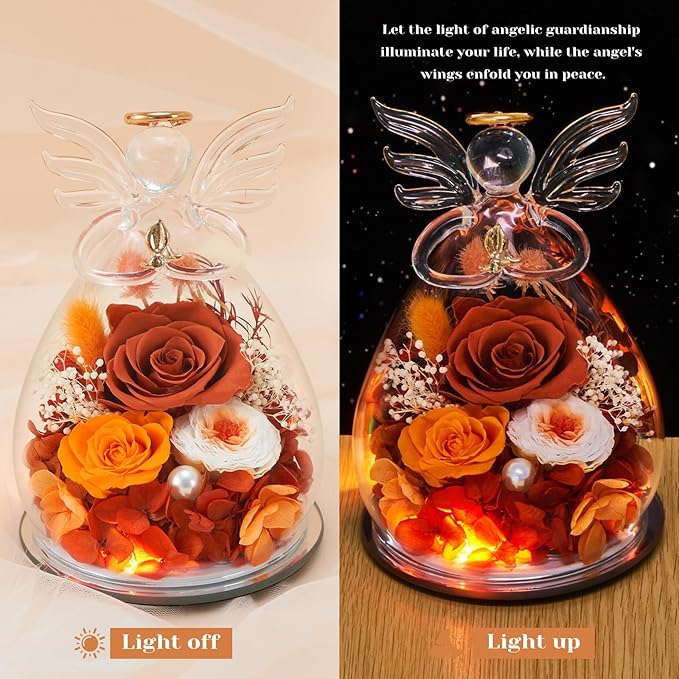 Gifts for Women Birthday Preserved Rose Forever Flower in Glass Angel Figurines Fresh Flowers for Delivery Prime for Mom Real Orange Roses for Grandma Sister Wife Her from Daughter