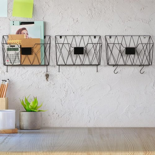 OYEAL Wall File Organizer - Metal 3-Pocket Mail Holder with Hooks for Home or Office - Black