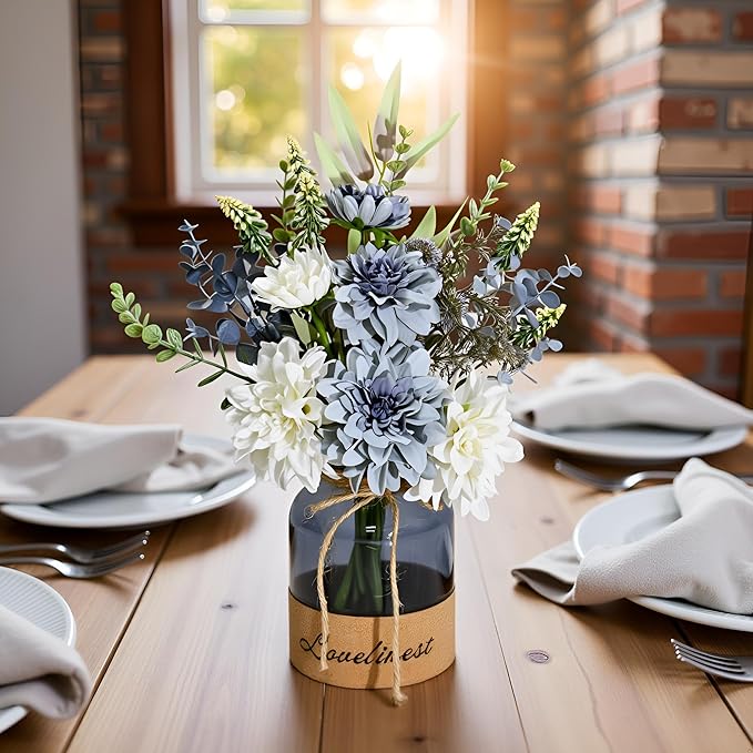 LADADA Fake Flowers in Vase,Silk Dahlias in Vases,Flower Arrangements for Table,Used for Home Office, Bathroom, Kitchen Decoration Et