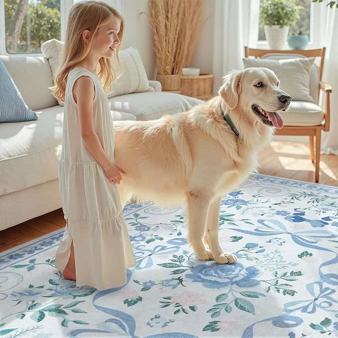 DCX Washable 2x3 Bow Rug, Blue Floral Rug for Girls’ Bedroom, Cute Soft Low Pile Indoor Décor Carpet, Kid & Pet Friendly Nursery Rug for Living Room, Dorm, Playroom
