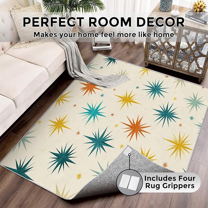 Mid Century Modern Rugs for Living Room Decor, 7x9 ft, Retro Starburst Atomic Area Rugs for Bedroom, Soft Non Slip Washable Geometric Sunburst Carpet Home Decorations D-g48