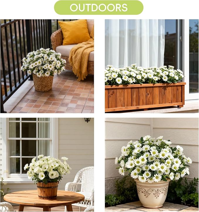 Artificial Daisy Flowers, 8 Bundles UV Resistant Fake Mums for Outdoors, White Silk Fall Flowers for Planters, Porch, Front Door, Garden, Yard, and Indoor Home Decor