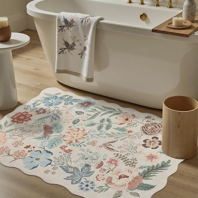 DCX Beige Floral Rug 3x5, Washable Beige Rug for Living Room, Kid & Pet Friendly with Rubber Back Non Slip, Soft Low Pile Carpet, Stain Resistant Rug for Bedroom, Nursery, Dining Room