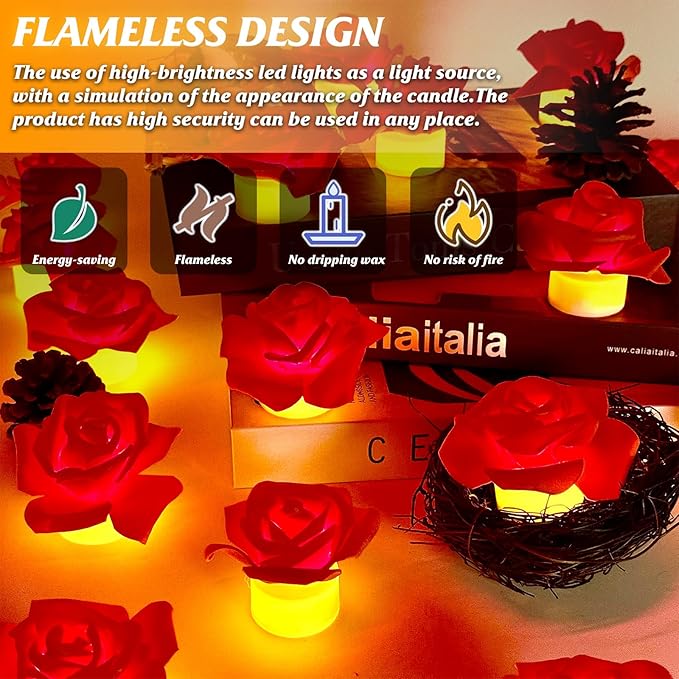 12 Pack Led Candles with Artificial Flowers, 200+Hour Battery Operated Tea Lights Candles for Centerpiece Table, Party, Wedding Anniversary Decorations (Red)