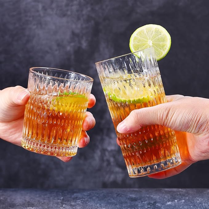 Loivttvv Glassware Drinking Glasses Set of 8, 14 oz Highball Glasses & 10 oz Ribbed Glass Cups, Vintage Glassware for Water, Juice, Cocktail, Whiskey (Clear)