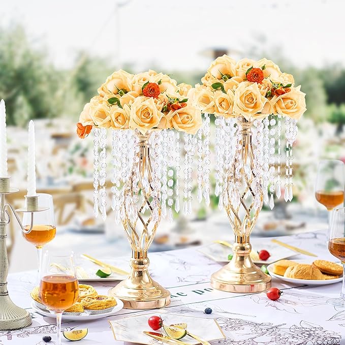 VEVOR 20PCS 43cm/16.9” Tall Crystal Wedding Flower Stand, Metal Wedding Centerpiece Vase, Gold Flower Holders Floral Display Rack for Tables Wedding Dinner Party, Ceremony Birthday Event Decor
