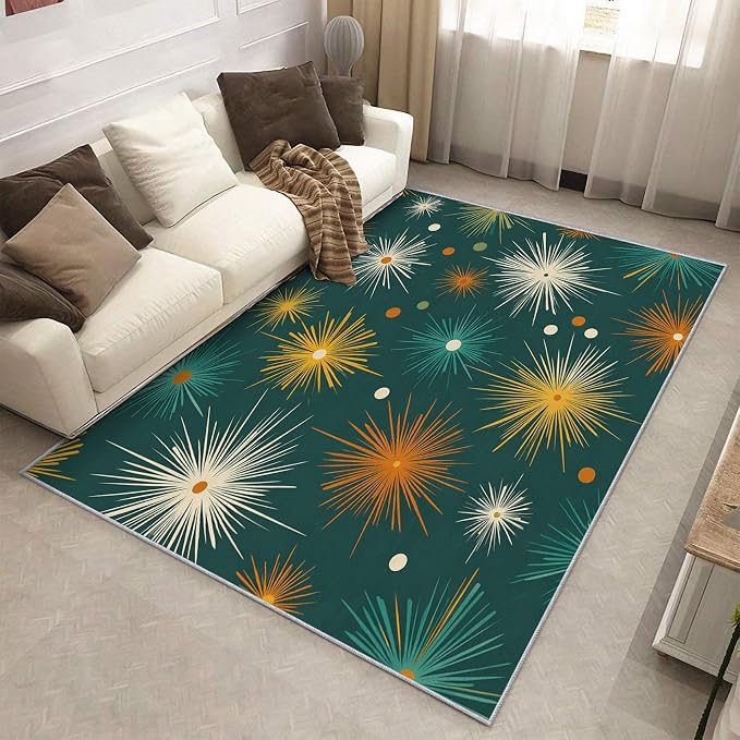 Abstract Atomic Rugs for Living Room Decor, 6x8 ft, MCM Geometric Starburst Area Rugs for Bedroom, Soft Non Slip Washable Mid Century Modern Carpet Home Decorations D-g48