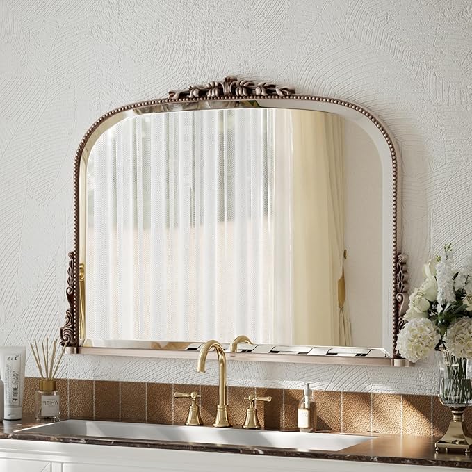 Wall Beaded Mirror, 36 x 27 Inch Round Top Right Angle Wall Mirror, Tempered Glass, Rust Resistant, Horizontally or Vertically Hanging, Silver