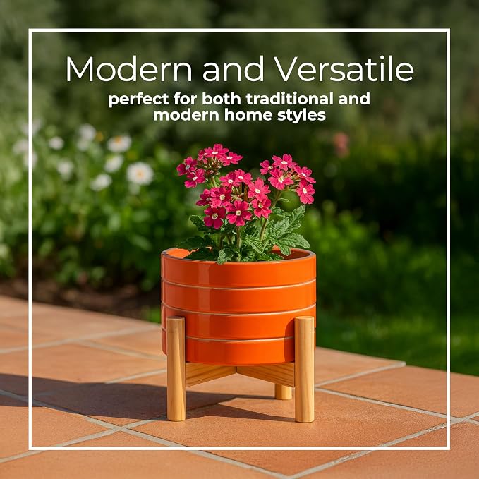 Striped Ceramic Planters with Wooden Stand as Home Decor Flower Pots for Entryway, Patio, Tabletop, and Garden - Small Colorful Decorative Pots for Indoor and Outdoor Plants - 6", Orange & Tan