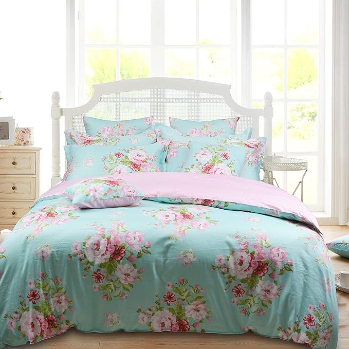 FADFAY Shabby Floral Duvet Cover Set Pink Grid Cotton Farmhouse Bedding with Hidden Zipper Closure 3 Pieces, 1duvet Cover & 2pillowcases,Queen Size