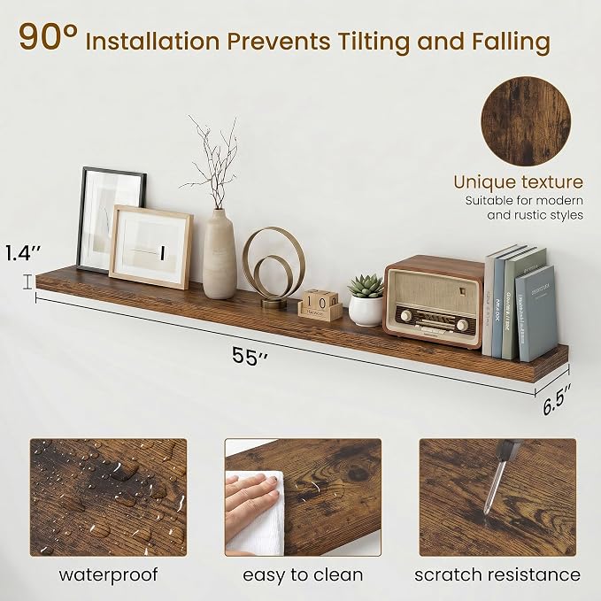 Dreamland Floating Shelves for Wall, Rustic Brown Floating Shelves for Bathroom|Bedroom|Kitchen, Deep Wall Mounted Book Shelf, Wood Storage Display Shelf for Home Decor, Set of 2