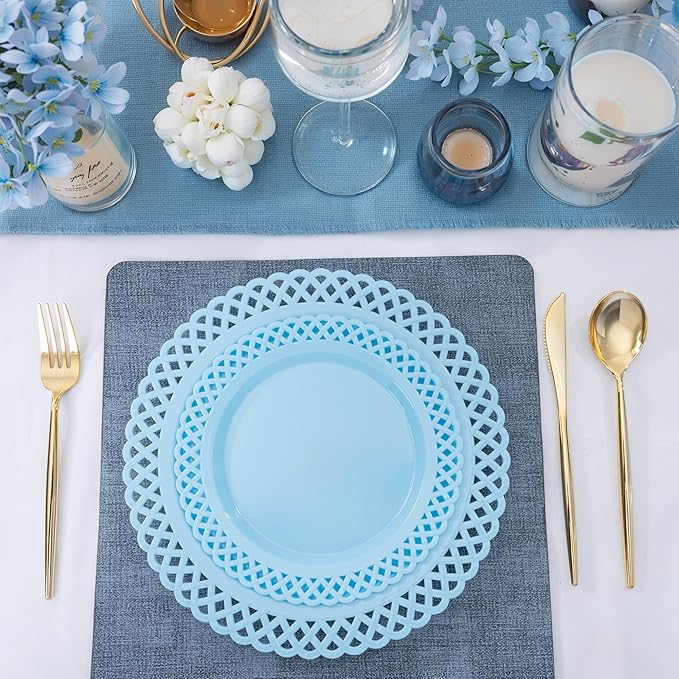 COLOSUS 60Pcs Blue Plastic Plates, Fancy Blue Hanukkah Plates, Nice Scallop plates,Heavy Duty Lace Hollowed Out Plate Set include 30 Dinner Plate 10” and 30 Salad/Dessert Plate 7.5”for Hanukkah