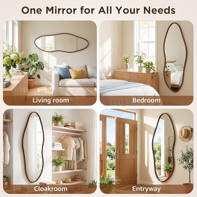 Irregular Full Length Mirror 64"x21", Cloud-Shaped Design with Rounded Oak Hardwood Frame in Black Walnut, Asymmetrical Wall Mirror for Bedroom,Living Room,Cloakroom,Horizontal/Vertical