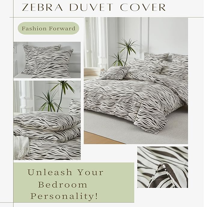 FADFAY Zebra Duvet Cover Queen, 100% Cotton Chocolate and White Animal Print Bedding Set, 3 Pieces with Zipper Closure & Corner Ties