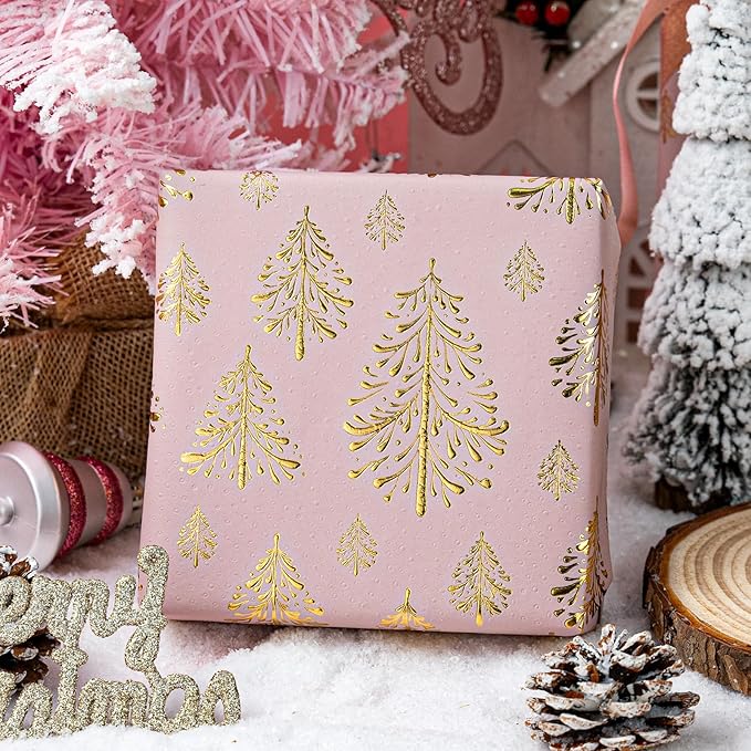 Flyhill Kraft Christmas Wrapping Paper-Pink 3D Embossed Gold Foil Christmas Pine Tree with Woodlands for Chrsitmas, Holiday, Party,Celebration (17 Inch X 32.8 Feet)