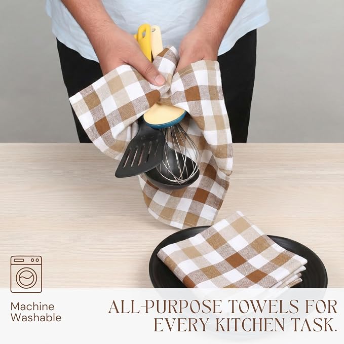 Checked Dish Towels 4 Pack, 18x26 Inches, Quick Dry Towels for Kitchen, Durable, Reusable, Absorbent Wash Cloths Set, Washable Fabric, Heavy Duty for Daily Use - Brown, Beige, White