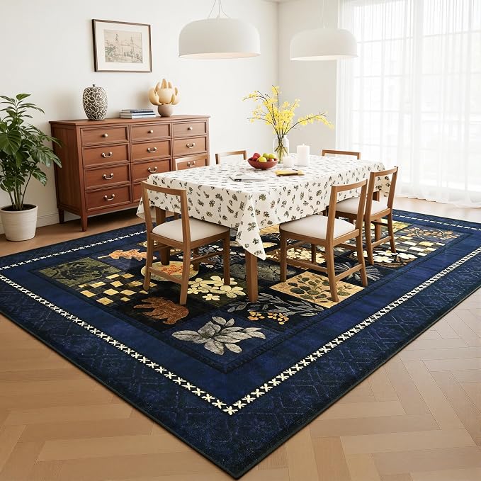 Tepook 8x10 Area Rugs for Living Room, Modern Large Geometric Rug for Bedroom, Washable Patchwork Rug Indoor Non Slip Throw Carpets for Dining Room Office Farmhouse Home Decor, Navy Blue