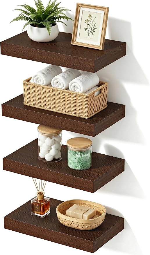 Floating Shelves for Wall, Wall Mounted Rustic Wood Shelves for Bathroom, Bedroom, Living Room & Kitchen, Hanging Shelf for Storage, Books & Room Decor, Walnut-Like, Set of 4, 12"x7"x1.5"