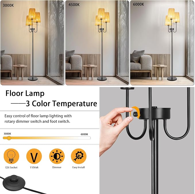3 Lights Boho Floor Lamp for Living Room, Farmhouse Standing Lamp with Rattan Shades and Bulbs, Adjustable Color Temperature, 65" Rustic Tree Tall Lamps for Bedroom,Office, ON/Off Foot Switch