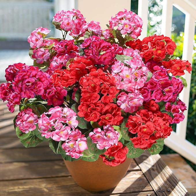 Artificial Geraniums Fake Flowers for Outdoors Decoration, 6 Bundles Silk Geraniums Flower UV Resistant Look Real Faux Plants for Front Door Garden Porch Planter Patio Balcony Yard Indoor Home, Mix